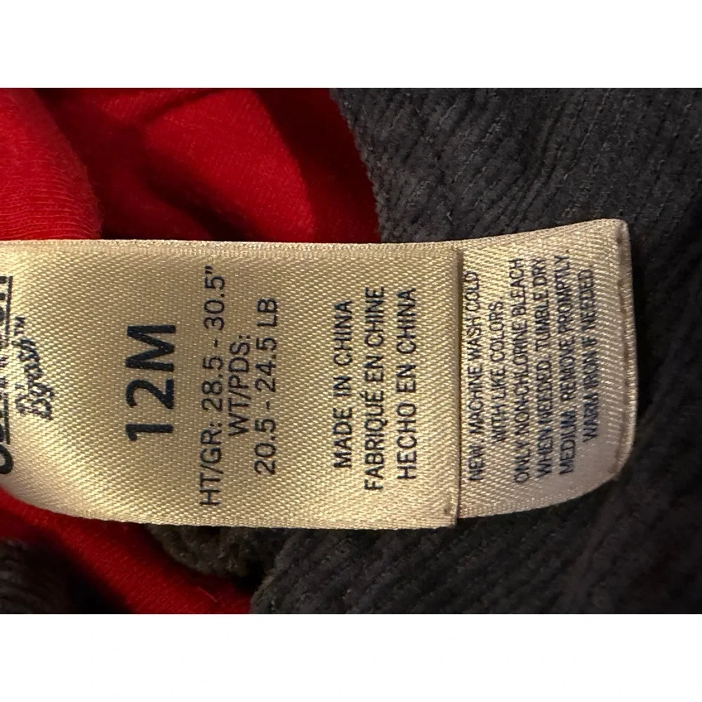 OshKosh Overalls Kids 12M Gray B'gosh Corduroy Bib Workwear Adjustable Straps